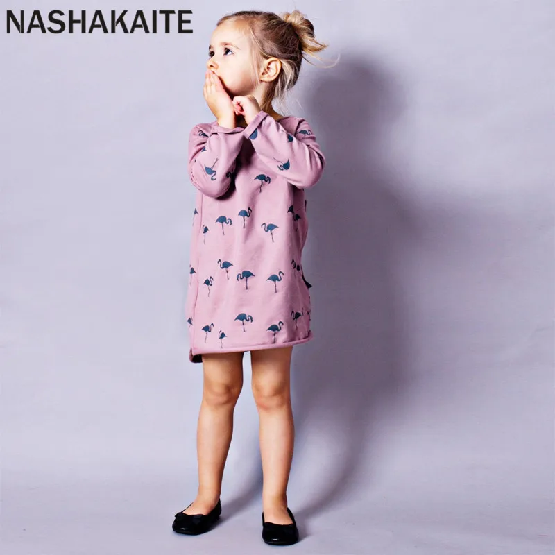 NASHAKAITE/Одежда для мамы и дочки; осень г.; платье с длинными рукавами и принтом Фламинго; платья для мамы и дочки; семейный образ для мамы и дочки