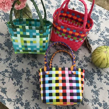

Woven Small Square Bags Plastic Vegetable Basket Bag Colorful Mini Knit Vegetable Basket Straw Manual Plastic Woven Bags