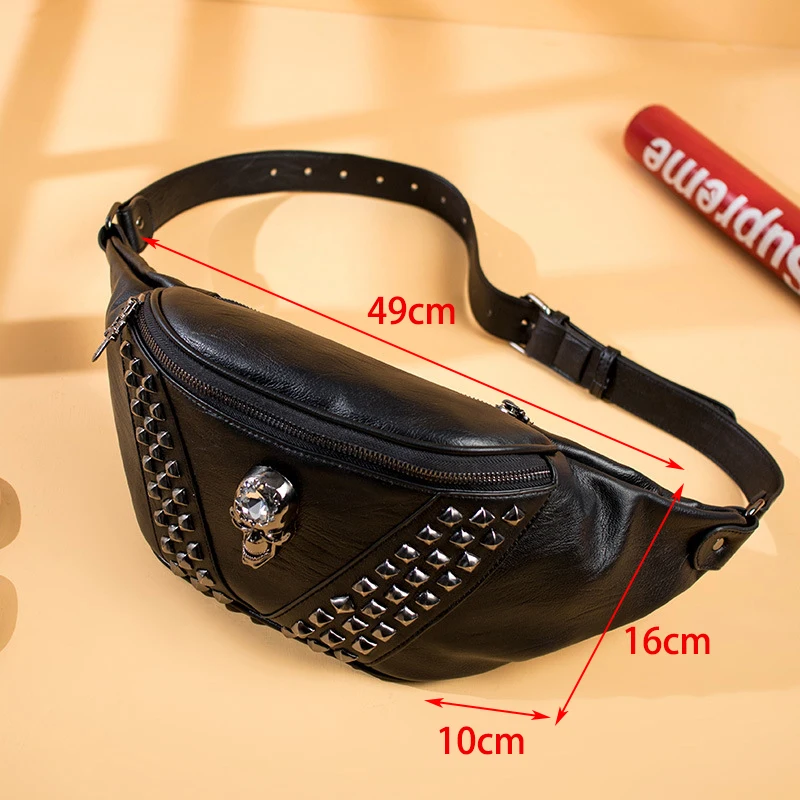 Punk Rivet Skull Men Waist Bag Women Fanny Pack Leather Chest Bags Female Shoulder Messenger Bag Bum Bags waist pack,mens messenger bag,sling chest bag