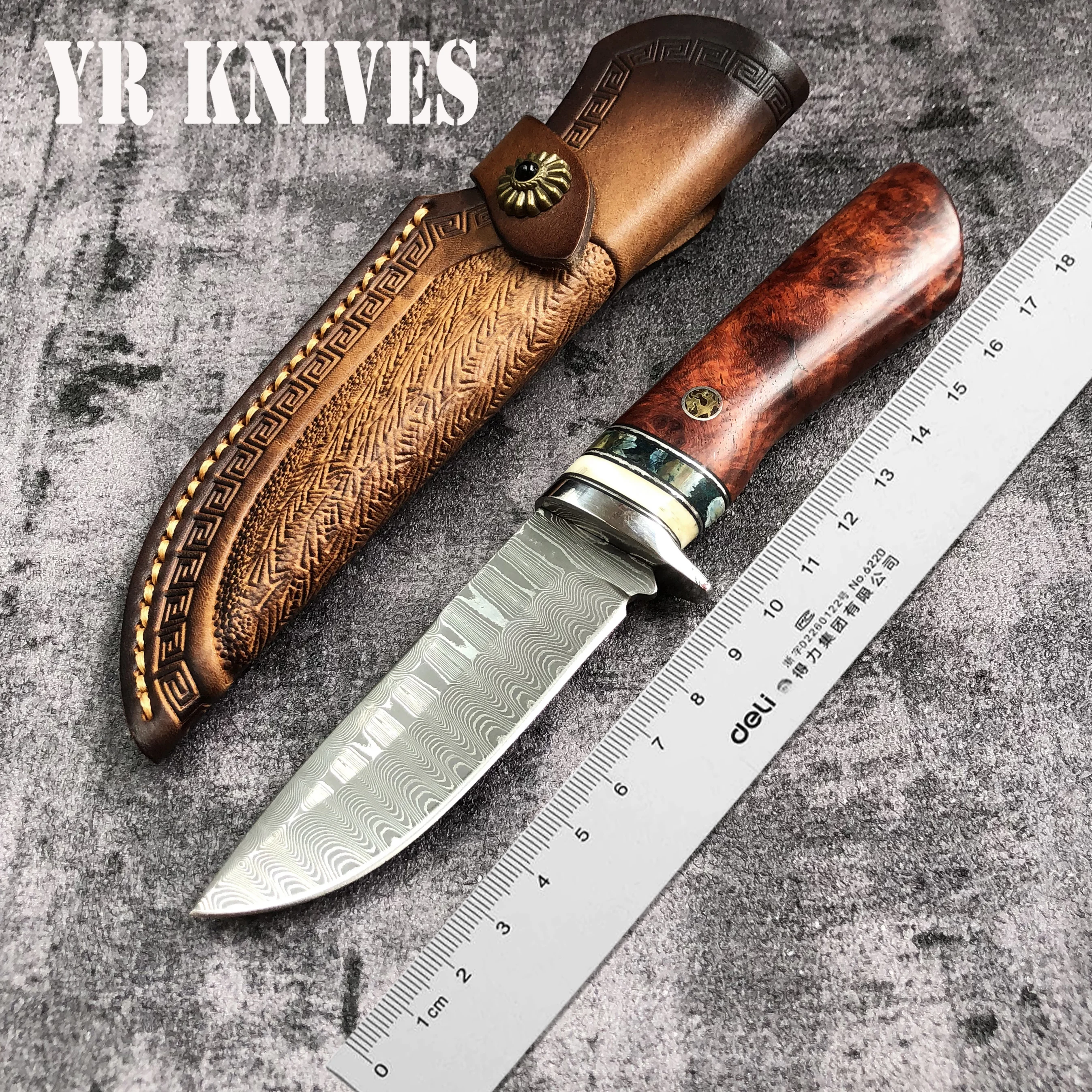 

Bowie Tool Survival Tactical Knife 60HRC Damascus Steel Spend Pear Wood Gall Hunting Fishing Collection Knives Leather Sheath