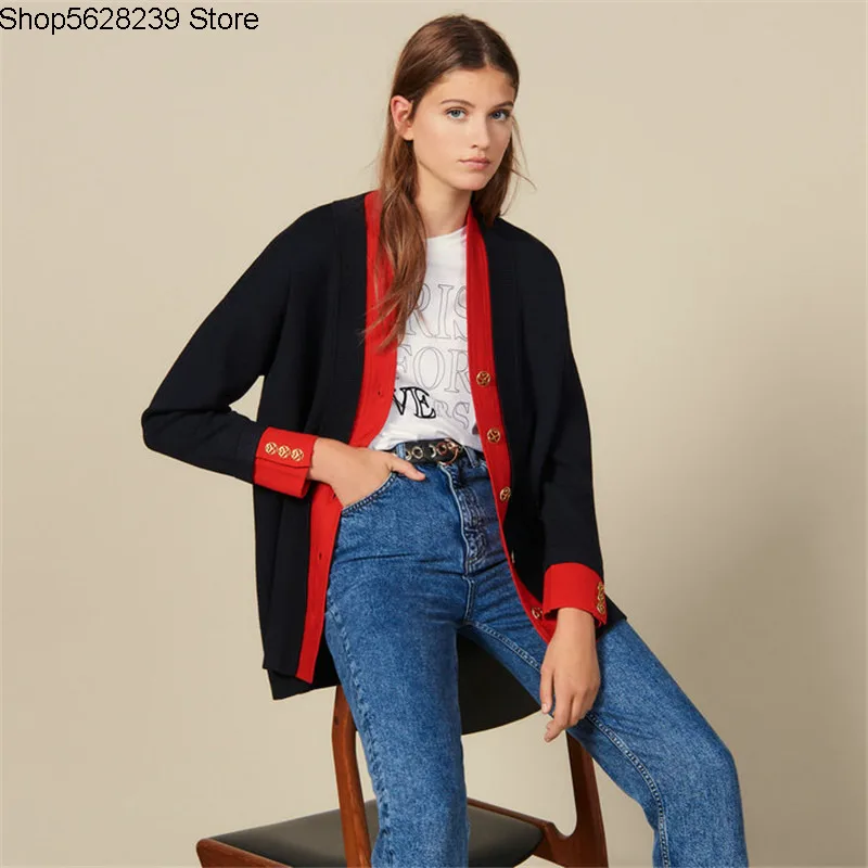 

French Elegant 2020 Contrast Color Piping Metal Row Buckle Loose Knitting Cardigan Coat Female