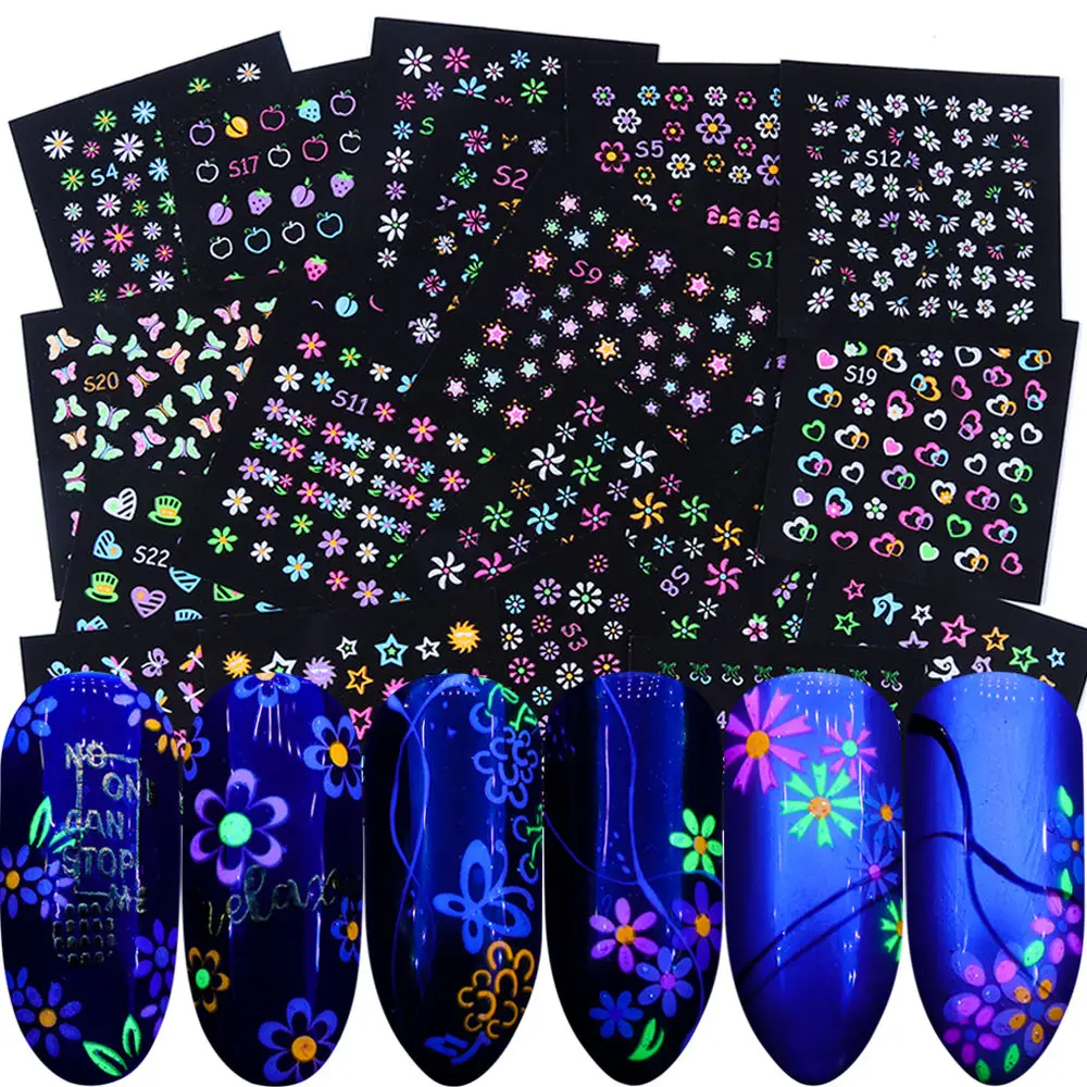 Lots Fluorescent Flowers Nail Stickers Party Butterfly Night Glow Star Decoration Manicure Applique Sliders For Nails Set Design