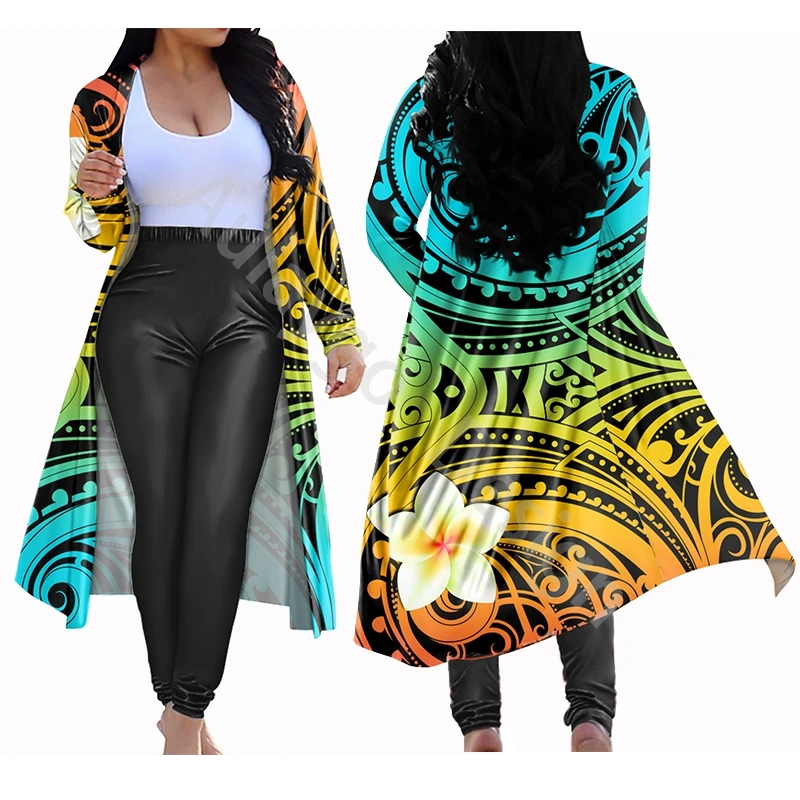 

Samoas Polynesian Plumeria Print Womens 2 Piece Outfit Set Long Coat And Black Pant Women's Plus Size Clothing Conjunto Mujer