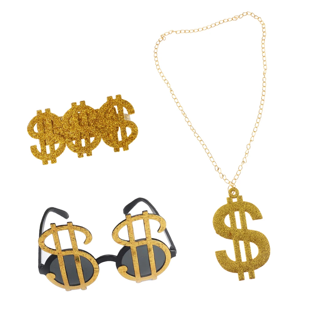3 Pieces Glitter US Dollar Signs Ring Necklace Glasses 80s Rapper Big Daddy
