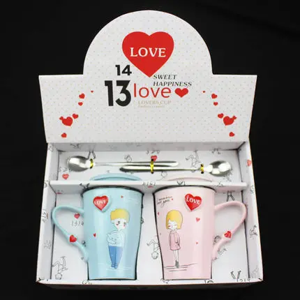 OUSSIRRO 2 шт./компл. Творческий Керамика пара чашка кружка Love с ложкой крышкой ко Дню Святого Валентина свадьбы подарки на день рождения с подарочной коробкой - Цвет: 2PCS-A003