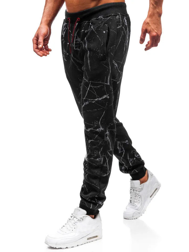 Мужские штаны для бега, новая брендовая спортивная одежда с принтом трещины, мужские спортивные штаны азиатского размера, эластичные мужские брюки-карго для фитнеса, уличная одежда - Цвет: Black