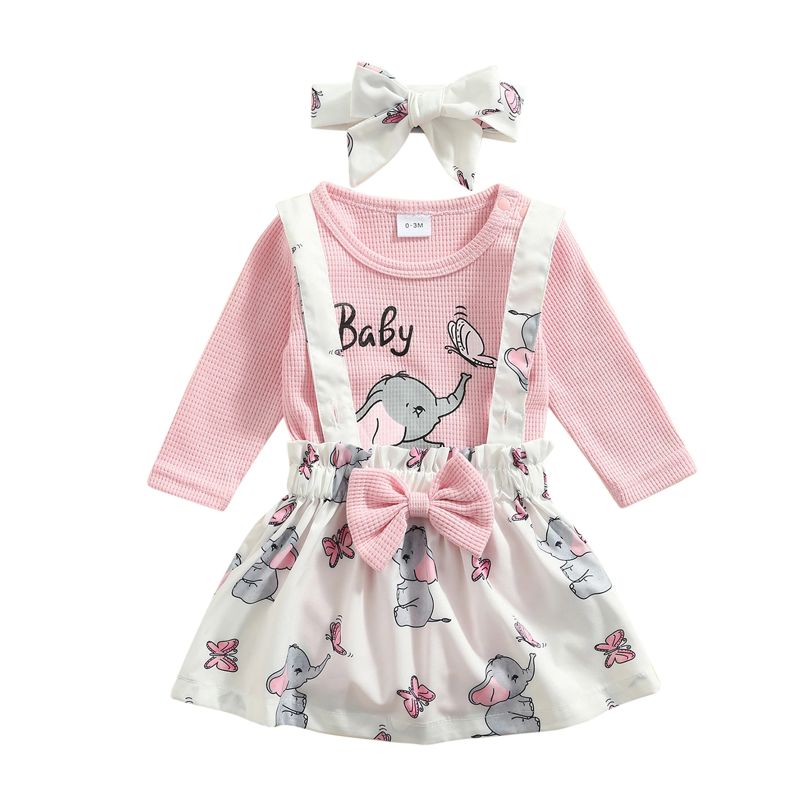 baby clothes set gift Infant Baby Girl’s Three Piece Suit Cartoon Elephant Long Sleeve Romper and Suspender Skirt & Headband Baby Clothing Set expensive