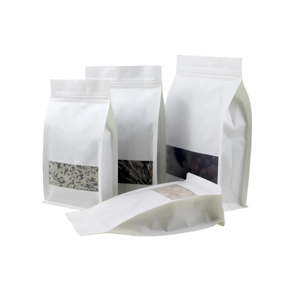 

50Pcs White Kraft Paper Frosted Window Eight Side Seal Bag Stand Up Zip Lock Reusable Tear Notch Food Storage Packaging Pouches