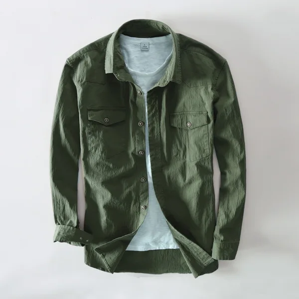 army green Морщинистая ткань брендовые рубашки мужские хлопковые модные рубашки для мужчин осенние рубашки с длинными рукавами мужские топы Удобная рубашка мужская сорочка - Цвет: army green