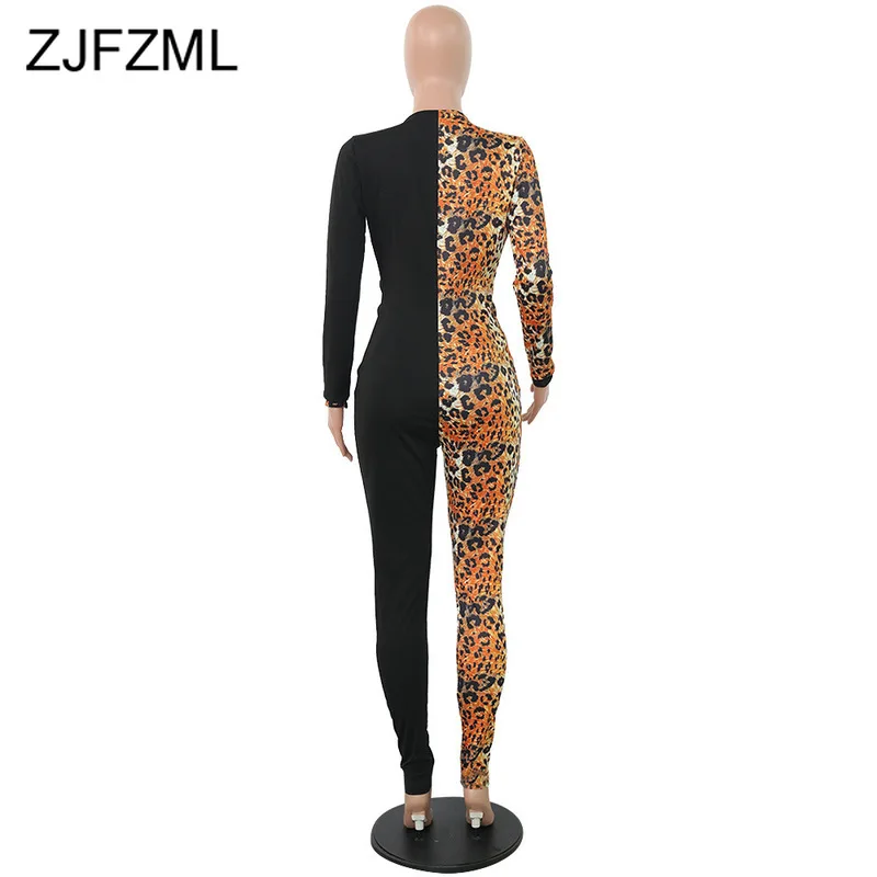 Leopard Print Sexy Romper Women Jumpsuit Deep V Neck Full Sleeve Skinny Bodysuit Vintage Color Block Front Zipper Party Overall
