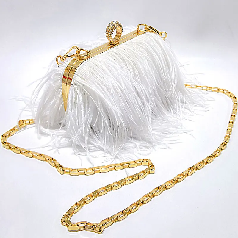 2022 Luxury Ostrich Feather Party Evening Clutch Bag Women Wedding Purses and Handbags Small Shoulder Chain Bag Designer Bag