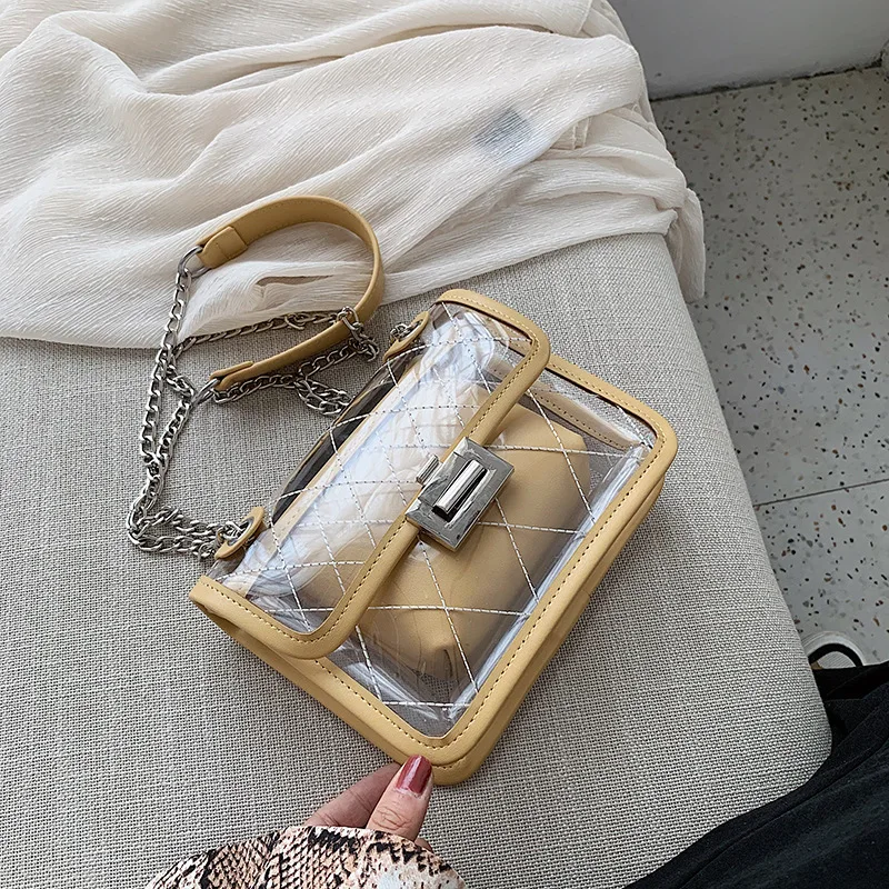 

2019 new Clear PU jelly shoulder bag Transparent handbag with Stripe chain bucket bag mobile phone Messenger bag