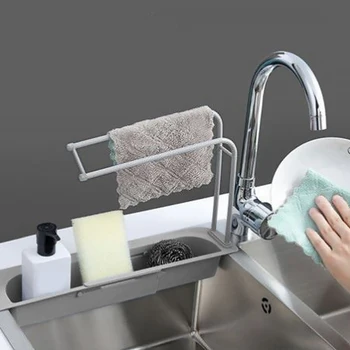 

Telescopic Sink Rack with Detachable Rod Kitchen Expandable Storage Drain Basket Hollow Drainage Shelf, Pink