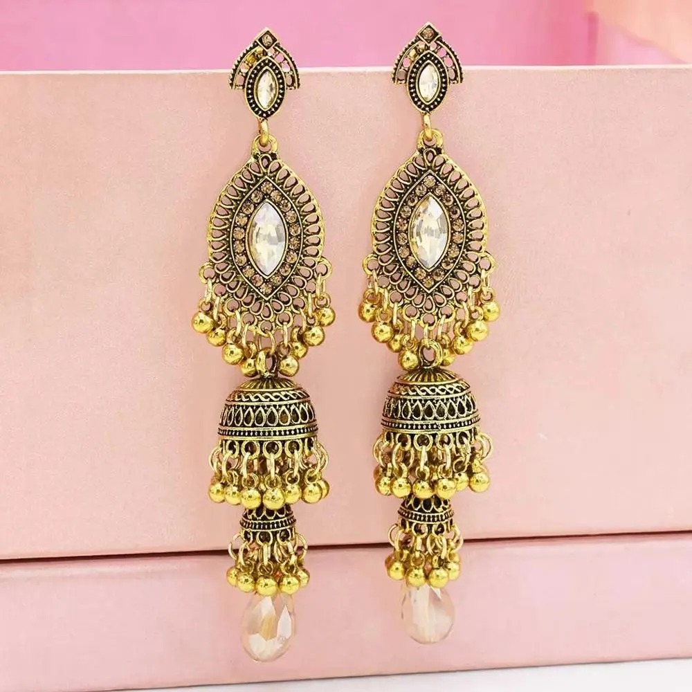 Ethnic Jhumka Drop Earrings For Women - Gold Afghan Boho Tassel Earrings With Bells & Pearls - View #2