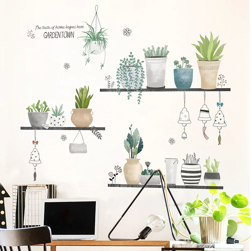[shijuekongjian] Potted Plant Wall Sticker DIY Potting Culture Decals for Living Room Bedroom Kitchen Home Decoration | Дом и сад