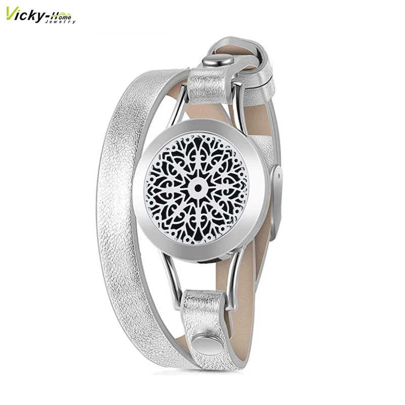 BLS00-1 Silver Essential Oil Double Geniune Leather Bracelet