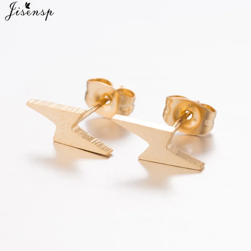Jisensp Punk Geometric Stainless Steel Earrings Unique Design Lightning Shape Stud Earrings Fashion Jewelry for Women Men Gift