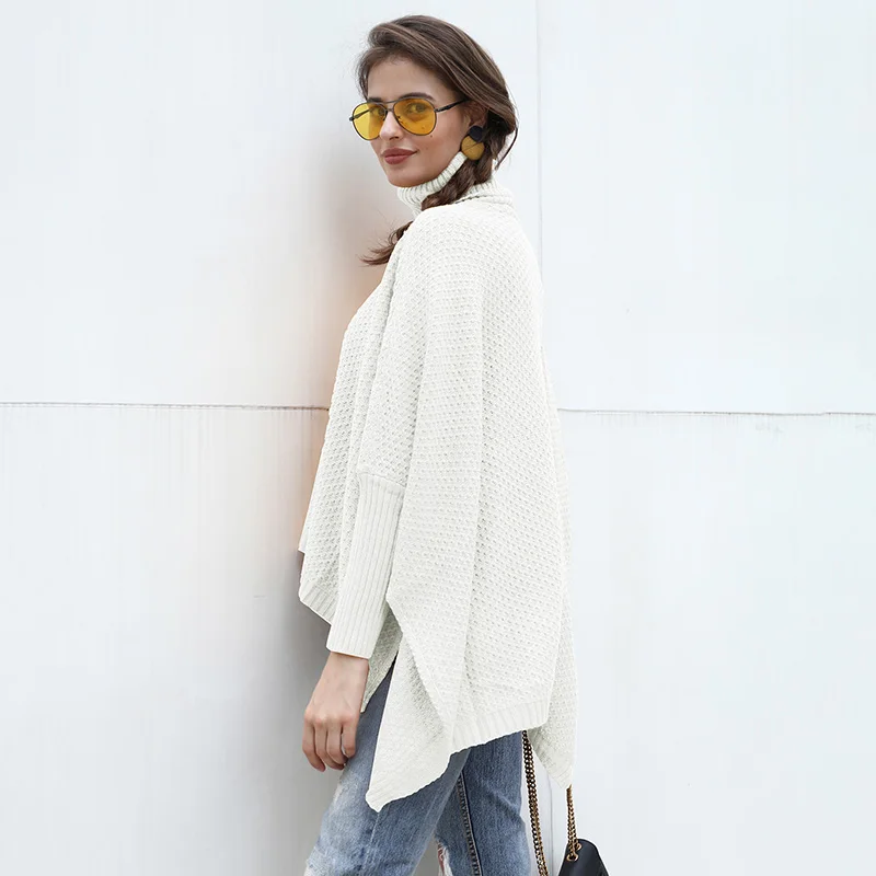 Knit Sweater Women Knitted Sweater Turtleneck Pullover Long Sleeve Split Irregular Solid Loose Jumper female Knitwear Pink Black