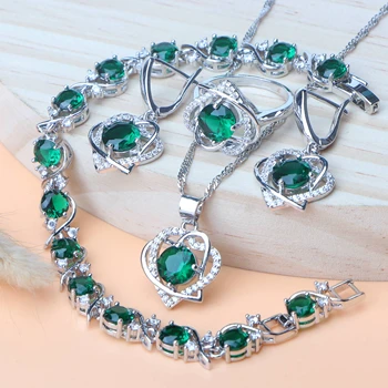 

Green Cubic Zirconia 925 Silver Bridal Jewelry Sets Women Wedding Costume Necklace Sets Ring Earrings Pendant Stones Bracelets