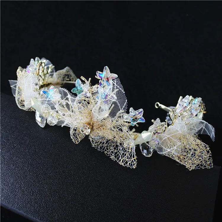 

Korean Style Bride Crystal Star Crown Headdress Silk Yarn Crystal Handmade Crown Hair Accessories Marriage Wedding Dress Ornamen