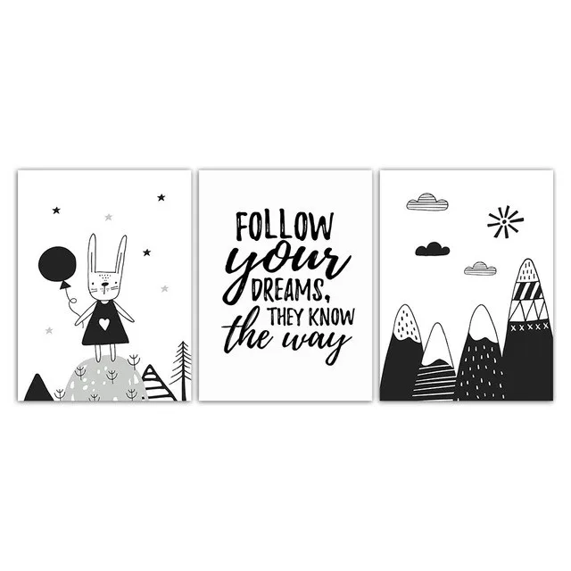 

Modern Creative Nordic Black And White Rabbit Gas Star Tree Poster Art Prints Children's Room Home Decoration Abstract Cartoon