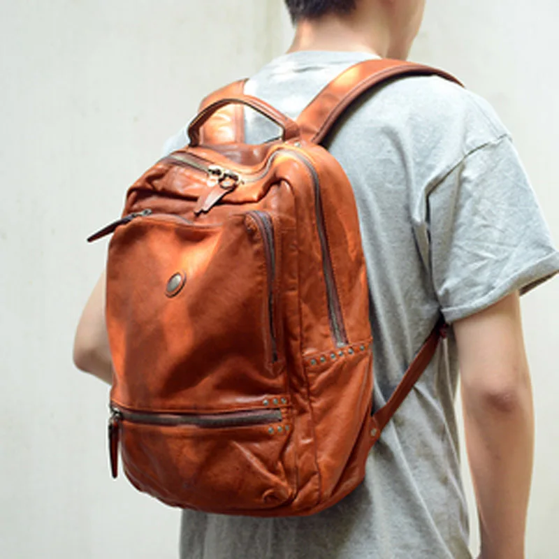 Leather backpack cowhide school bag men 