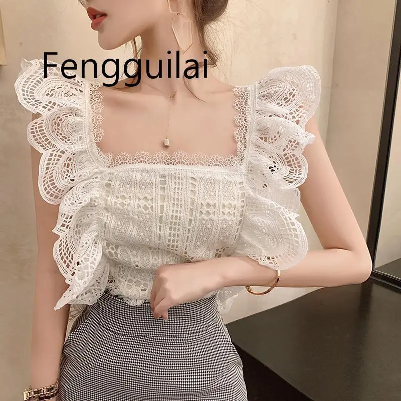 

FENGGUILAI 2020 Summer Women Sweet Hollow Out Tops Ladies Sleeveless White Sexy Sleeveless Ruffled Blouses Lace Top Shirt
