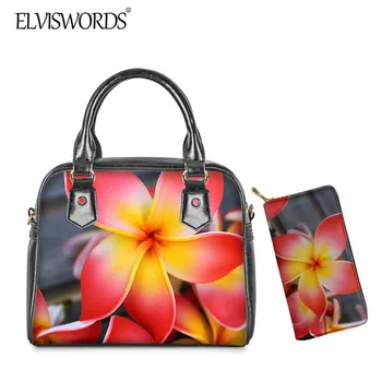 

ELVISWORDS 2020 New Plumeria Flowers Print Women 2pcs bag set Durable PU Leather Handbag and Purse Lady Fashion Shoulder Tote