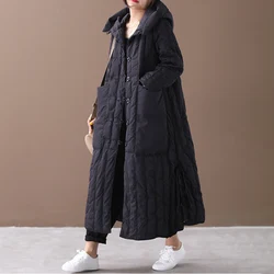 2022Women's Long Coat Winter Loose Large Size Hooded Big Pocket Single Breasted (Down Fabric) Thicken High Quality Blouse Female