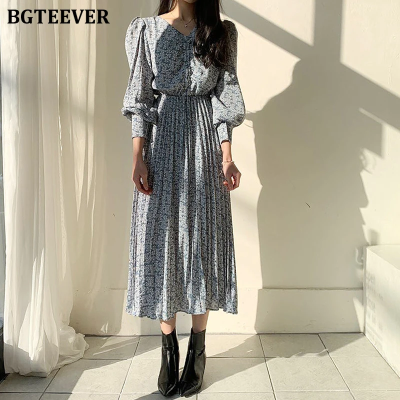 BGTEEVER Vintage Lantern Sleeve Ruched Women Dress V-neck Floral Print Pleated Dress Female A-line Chiffon Dress femme 2020 BGTEEVER Vintage Lantern Sleeve Ruched Women Dress V-neck Floral Print Pleated Dress Female A-line Chiffon Dress femme 2020