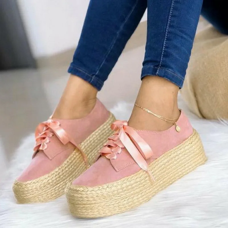 Puimentiua Fashion Women Ladies Espadrille Shoes Canvas Thick bottom Flats Shoes Girls Lace up Round Toe Casual Flats