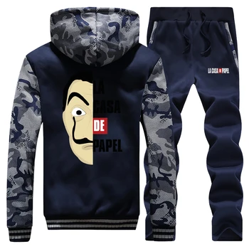 

Casual Men la casa de papel print Jacket+Pants suit Hooded Coat Thick Fleece Hoodie 2019 Winter Warm Outerwear sweatpants sets