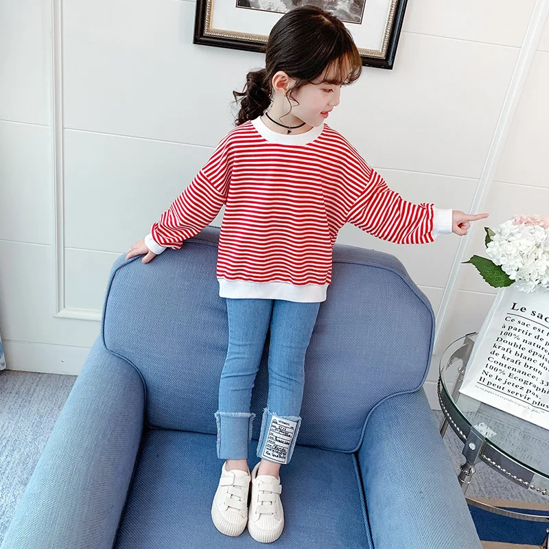 

Girl'S Suit 2020 Spring New Style Big Boy Korean-style Stripes Hoodie Jeans Two-Piece Set Fashion