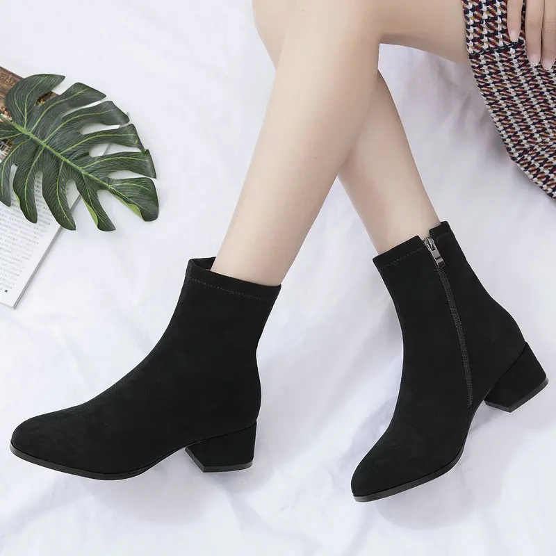 

Flock Leather Ankle Boots Women Boots Square Low Heel Zipper Short Boots Round Toe Comfortable Faux Fur Plush Winter Shoes Woman