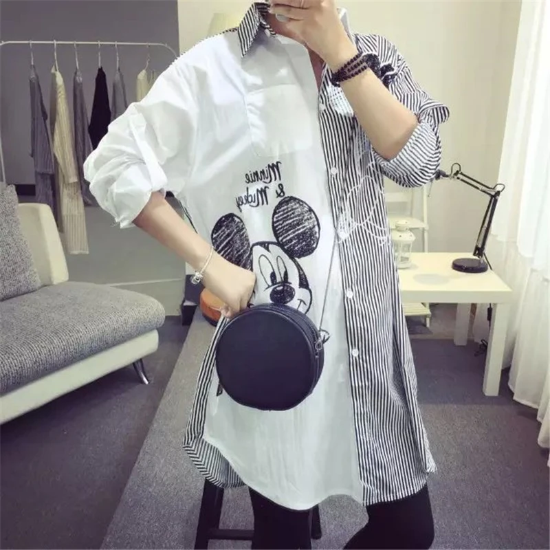 Mickey Mouse Blouses Women Shirt Chemise Femme Cartoon Long Sleeve Blusas Casual Loose Fashion Striped Stitching Shirts Female