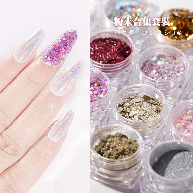 

6pcs/set nail art mirror powder super fine laser flakes DJ shell pearl sequins gold silver 3D manicure nail glitter powder MZ194