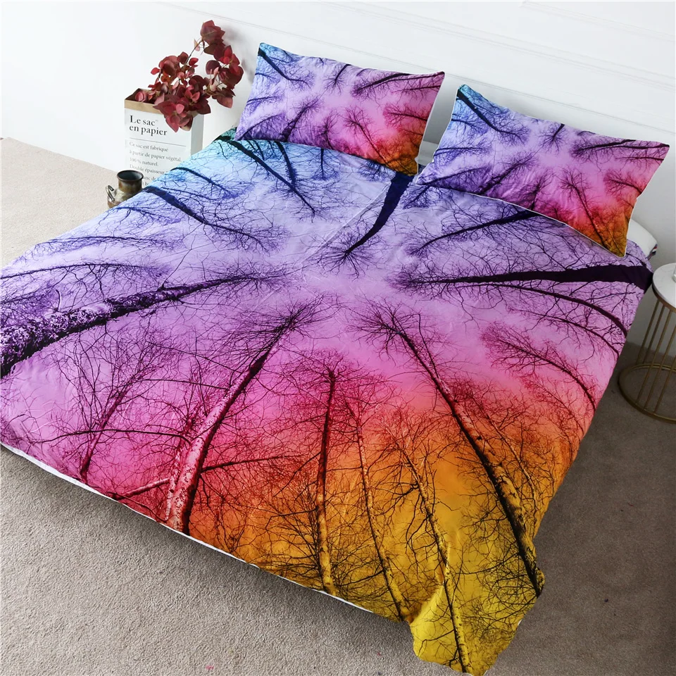

HM Life Bedding Set 3 Pieces Forest Woodland Tree Bole Duvet Cover Set Rainbow Colorful Sky Bed Set Natural Beauty Bedclothes