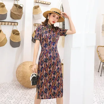 

Short Sleeve Vintage Qipao Silk Women Print Flower Cheongsam Elegant Mandarin Collar Chinese Dress Sexy High Split Vestidso