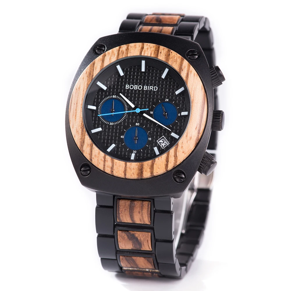 BOBO BIRD Mens Vintage Style Wood and Stainless Steel Chronograph Watch