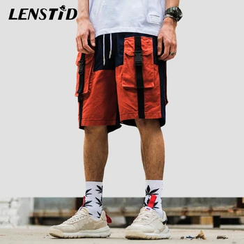 

LENSTID Men Hip Hip Color Block Patch Pocket Cargo Sweat Shorts Harajuku Streetwear 2020 Summer Male Cotton Short Pants Trousers