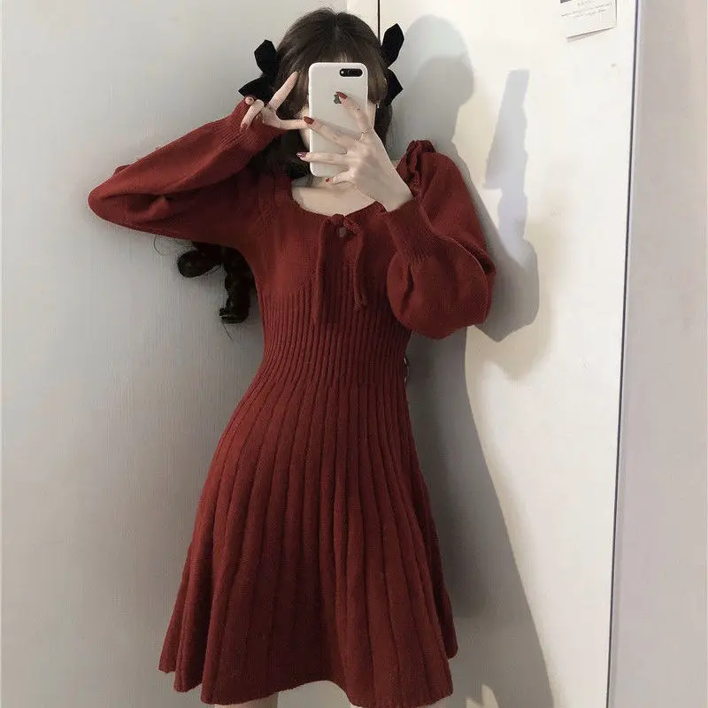 Women Long Sleeve Dress Knitted Puff Sleeves O-neck Burgundy Defined Waist Tied Preppy Style Slim Sweet Elegant Fashion Chic Ins maxi dresses