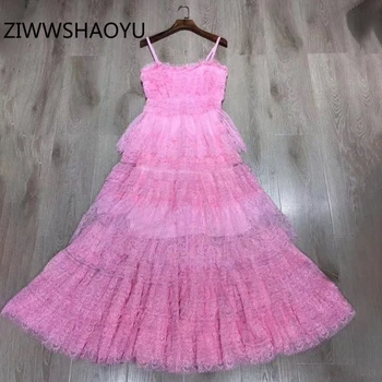 

ZIWWSHAOYU Summer Women Sweet White Holiday Midi Dress Fashion Designer Ladies Sleeveless Backless Lace Spaghetti Strap Dresses