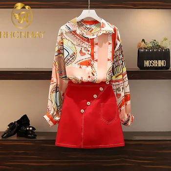 

Spring Skirts Set Womens Two Piece Sets New Temperament Print Shirt + Red Skirt Girls Ladies Plus Size Skirts Suit Office Wear