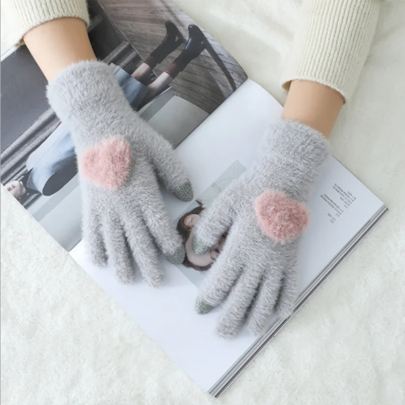 Gloves Knitted Women Touch Screen New Winter Soft Rabbit Wool Knitted Gloves Warm Lovely Girls' Pink Heart Mittens Gloves