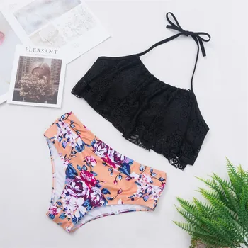 

Cost-effective Women's Lingerie Fashionable Ruffle Floral Print High Waist Lace Lingerie Sexy Female Lady Bathing Suits BH Sets
