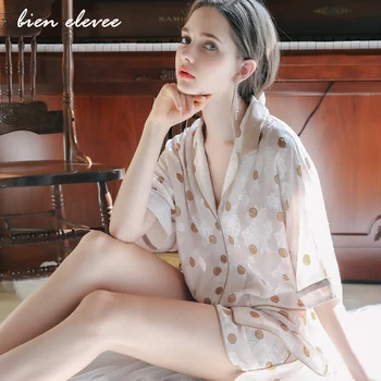 

Women Pajamas Sets Summer Sleep Tops Ice Silk Polka Dot Print Thin Robe Sets Shirts+Pants Sleepwear Nightwear Homewear Pyjamas