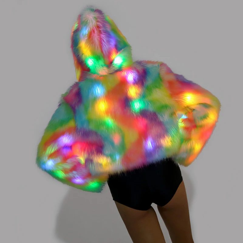 Autumn Winter New Fake Fur Jacket Color LED Lights Long Sleeve Hooded Faux Fur Coat Jacket Halloween Christmas Party Coats
