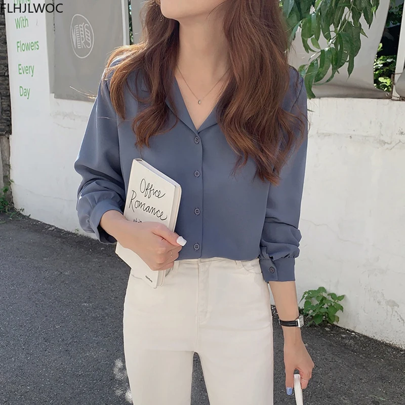 cute blouses White Shirts Long Sleeve Single Breasted Button Elegant Office Lady V Neck Work Blouse Women Chic  Korea Top 7301 sexy blouses for women