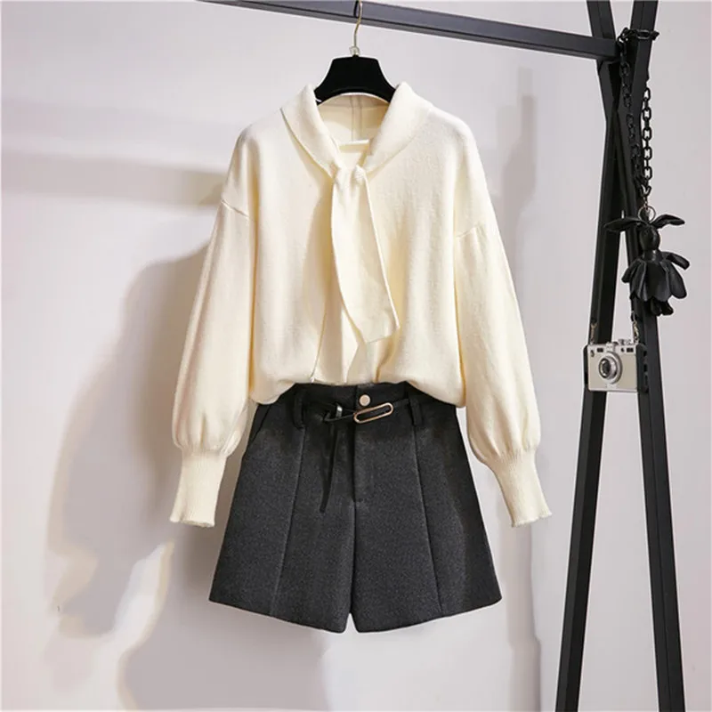 Sweater and Shorts Вязаный пуловер; топы и шерстяные шорты; Женский комплект 2 шт.; сезон осень-зима; свитер с рукавами-фонариками и бантом; костюм со штанами; свободный пояс - Цвет: Sweater and Shorts