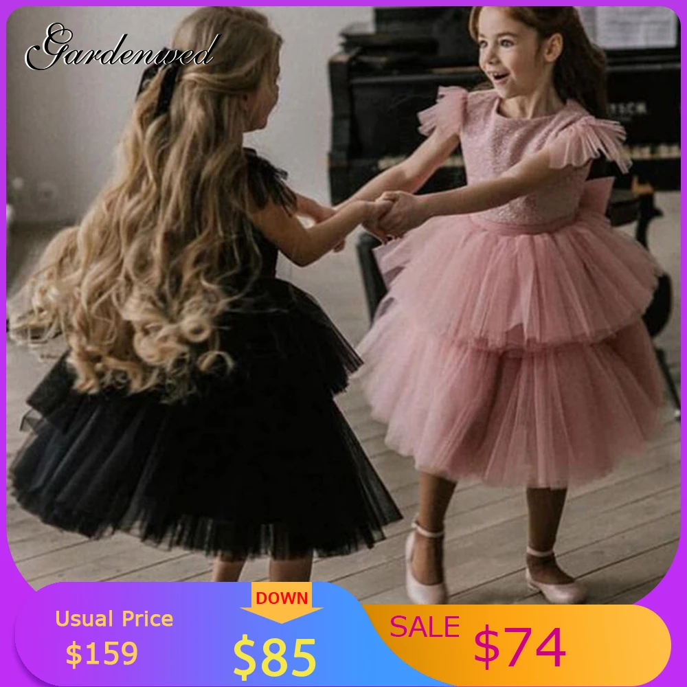 

Puffy Layers Lovely Girl Tulle Dresses Knee Length Kids Princess Dress Cap Tulle Sleeves Flower Girl Celebrity Dresses Vestidos